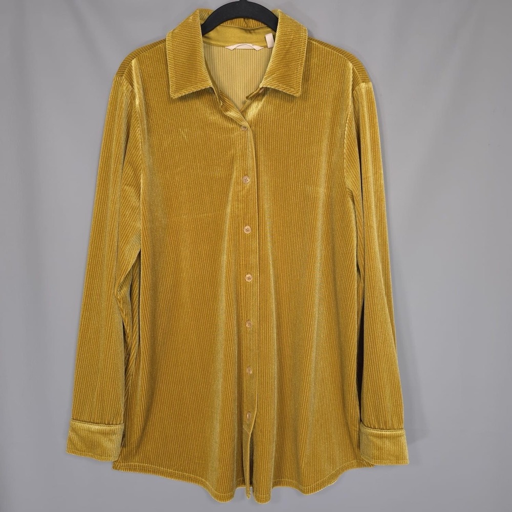 Soft Surroundings Shirt MEDIUM Velvet Boyfriend Corduroy Mustard Metallic‎ 2FP50 - Picture 3 of 9